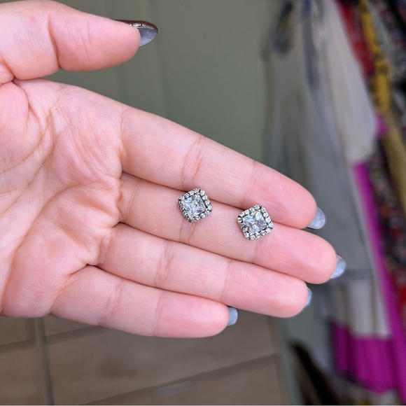 Princess Cut CZ Diamond Square Halo Studs Dainty Small Earrings Jewelry Accessor - Picture 4 of 16